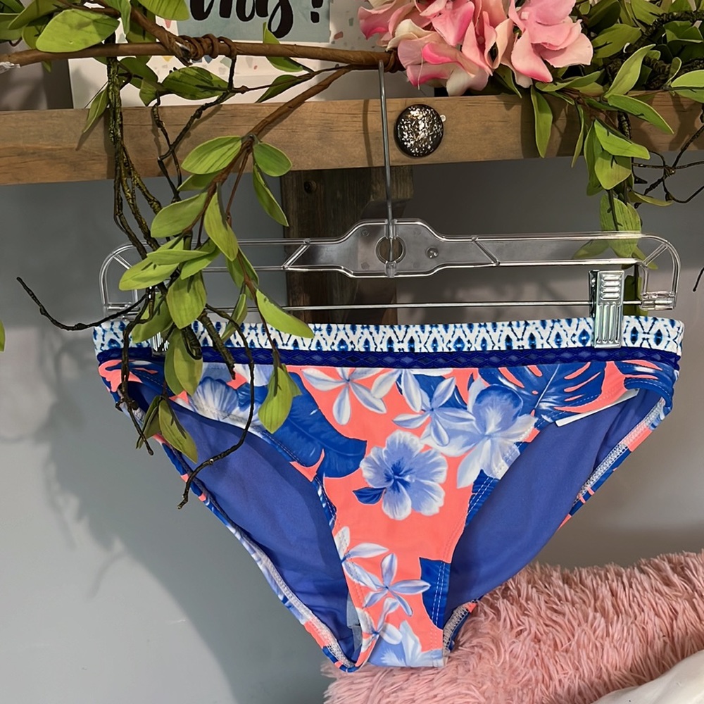 Tropical Bikini Bottom Coral Blue Floral Womens Medium New - Picture 2 of 6